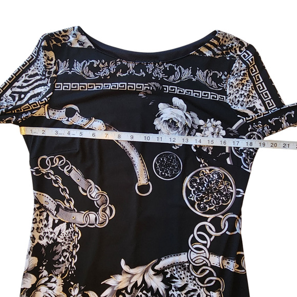 Cartise Sheath Dress Floral Chains Print, black, white, silver 3/4 sleeve sz 10 - Picture 5 of 12